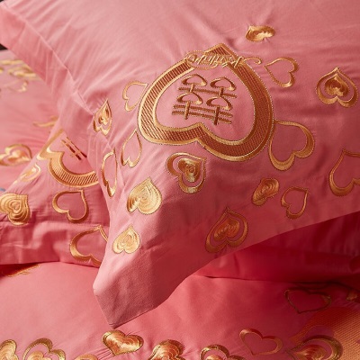 恒源祥 纯棉婚庆四件套传统绣花全棉被套1.5/1.8米床粉色系列结婚套件s350