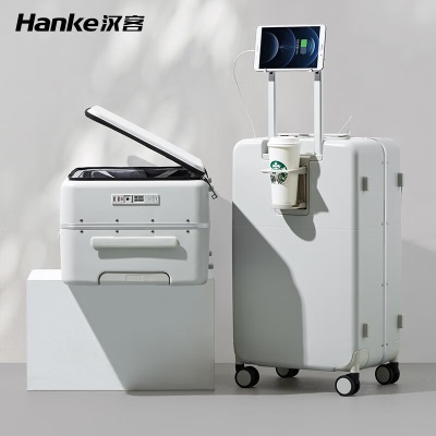 汉客（HANKE）新款侧开盖行李箱女多功能USB充电大容量拉杆箱男铝框旅行箱密码s357