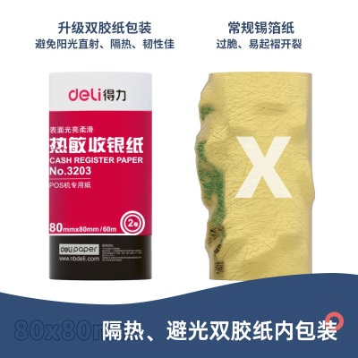 得力(deli)莱茵河热敏收银纸 80*80型40卷 餐饮外卖收银机打印纸s359