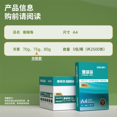 得力(deli)珊瑚海A4打印纸 75g500张*5包一箱 销冠复印纸 双面草稿纸359