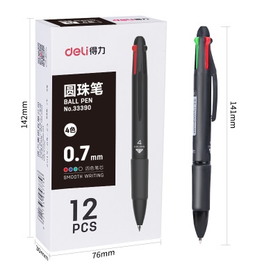 得力(deli)多功能4色圆珠笔 0.7mm子弹头按动笔原子笔中油笔 (黑红蓝绿) 12支/盒s359