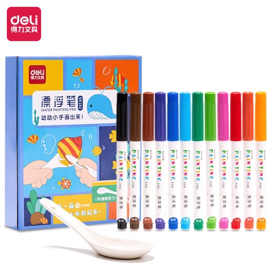 得力（deli）彩色白板笔 儿童趣味水中漂浮笔 开学生日礼物 可擦水性记号笔12色画笔马克笔带勺子s359