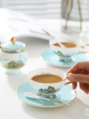 华光国瓷骨瓷茶具套装咖啡具 高档中国风家用办公茶咖具千里江山s377p