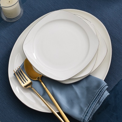 华光陶瓷骨瓷碗碟餐具套装家用碗盘组合套装简约轻奢 白金线s377p