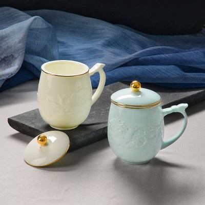 华光陶瓷茶杯盖杯泡茶杯新中式会客茶杯碟陶瓷杯喝水杯子 龙凤杯s377p