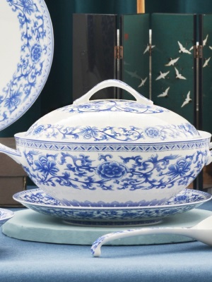 华光陶瓷 骨瓷餐具套装 碗碟套装 家用 釉中彩中式 青花欲语s377p