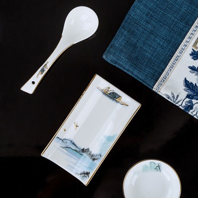 江山如画盘子陶瓷菜盘创意家用餐具简约中式菜碟圆形碟子早餐盘碗s380