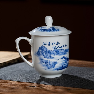 景德镇青花山水泡茶杯高端陶瓷中式家用宫廷杯办公室个人杯子定制s380