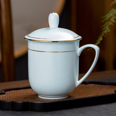 影青瓷茶杯办公室会议家用带盖水杯景德镇陶瓷中式金边杯轻奢定制s380