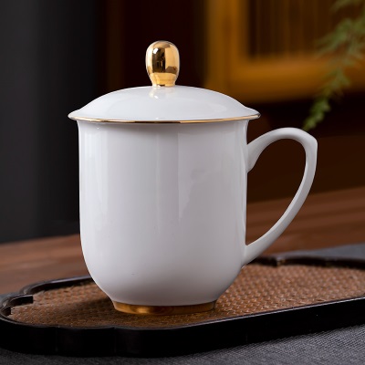 影青瓷茶杯办公室会议家用带盖水杯景德镇陶瓷中式金边杯轻奢定制s380