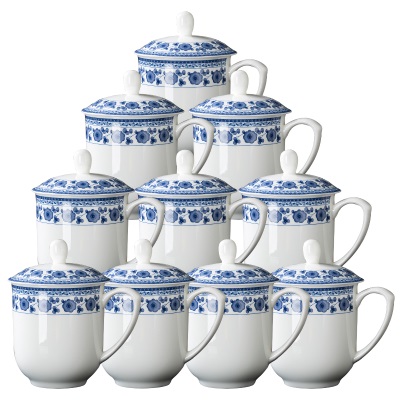 景德镇茶杯陶瓷马克杯带盖水杯家用办公杯定制青花瓷杯子10只套装s380