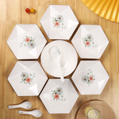 顺祥陶瓷新中式拼盘8人餐具套装4.5高脚碗钻石拼盘轻奢高级感瓷器s379