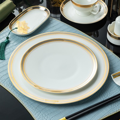 中式金色镶边骨瓷餐具套装碗盘碟酒店会所商用摆台餐具高级感定制s380