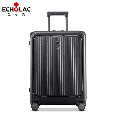 爱可乐（Echolac）前开盖行李箱拉杆箱金属包角旅行登机箱无极拉杆PC148FA黑色20吋s386