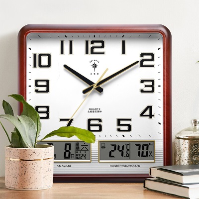 北极星（POLARIS）挂钟客厅家用智能钟木纹电波时钟方形自动对时钟表s397