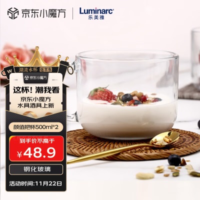 乐美雅（Luminarc）早餐杯子牛奶杯玻璃水杯咖啡男女奶茶杯耐高温高颜值把杯500ml*2s409