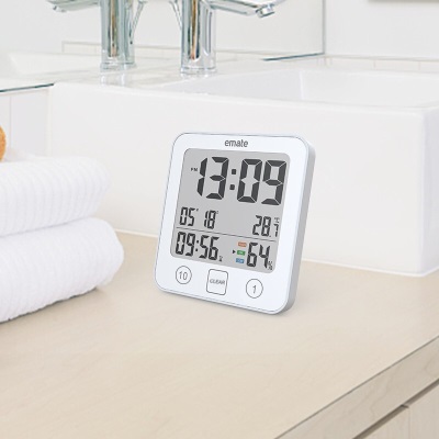 易美特电子触控浴室挂钟温湿度倒计时防雾防水可挂可立厨房室内吸盘钟s427