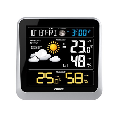 易美特大屏数显彩屏气象站 多功能室内外温湿度计时间日期气象钟 银色 E0336气象站s427