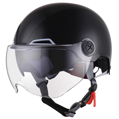 野马（YEMA）3C认证350S电动摩托车头盔男女夏季双镜片轻便式电瓶车半盔 亮黑s436
