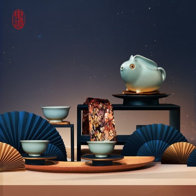 东道汝窑茶具十二年珍藏2011年老东道陶瓷高档茶具收藏品 老兔新象套组（天青）s463