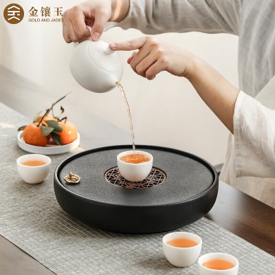 金镶玉 茶盘茶托 圆形储水家用陶瓷功夫茶具干泡茶道托盘 陶瓷双圆茶盘25*5cms464