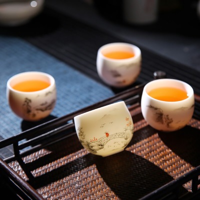 金镶玉 手绘茶杯 中国白·羊脂玉瓷陶瓷家用单杯功夫茶具主人杯送礼盒装