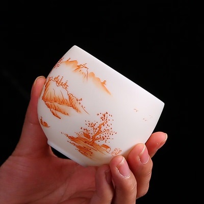 金镶玉 中国白·羊脂玉瓷手绘茶杯 家用单杯陶瓷功夫茶具主人杯送礼盒装s464