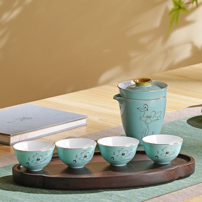 红玫瑰青釉荷花骨瓷茶具套装旅行茶具便携式茶壶茶杯5件套s469