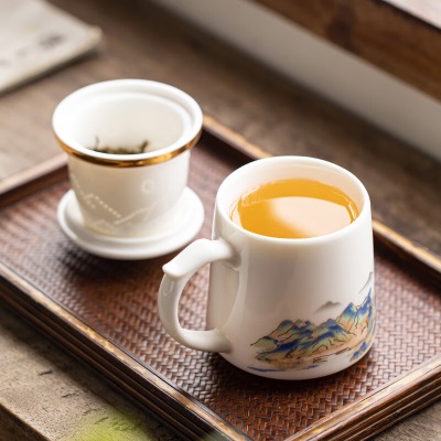 金镶玉羊脂玉瓷茶杯 白瓷陶瓷马克杯办公家用茶水杯功夫茶具400ml礼盒装 江山描金办公杯s464