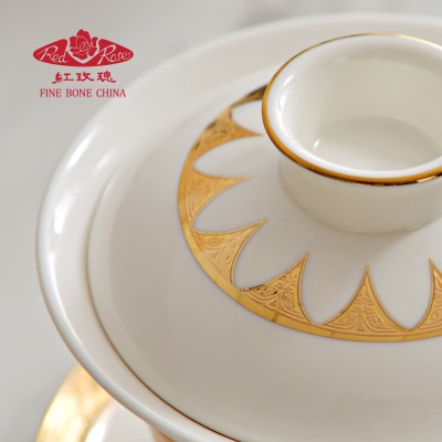 红玫瑰（RED ROSES）三才盖碗套装 骨瓷功夫茶具陶瓷茶杯敬茶碗大号家用泡茶对碗 新品 金色s469