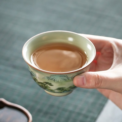 金镶玉 仿宋汝窑主人杯 开片可养茶杯品茗杯功夫茶具茶水杯60ml礼盒装 青山仿宋汝窑主人杯s464