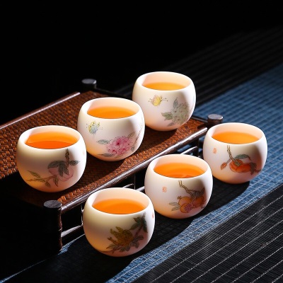 金镶玉 手绘茶杯 中国白·羊脂玉瓷陶瓷手工家用单杯功夫茶具配件主人杯送礼盒装 硕果累累杯六款可选