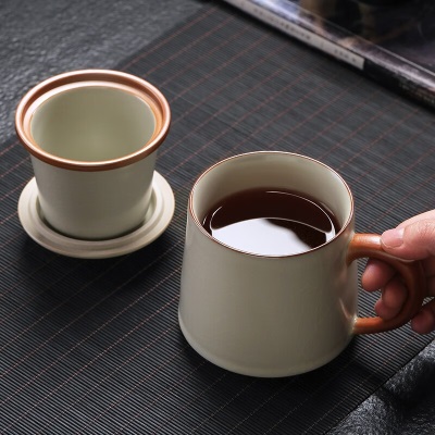 金镶玉 仿宋汝窑茶杯 米黄汝窑办公杯带过滤内胆杯泡茶杯家用陶瓷马克杯 米黄汝窑如意办公杯s464