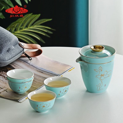 红玫瑰青釉荷花骨瓷茶具套装旅行茶具便携式茶壶茶杯5件套s469
