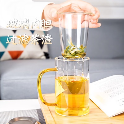 天喜（TIANXI） 茶杯双层隔热泡茶杯带盖茶水分离杯过滤带把观山杯 竹盖观山杯s471