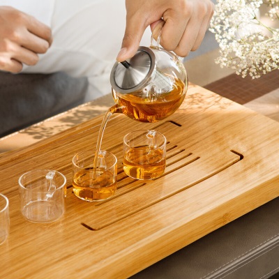 尚明玻璃功夫茶具套装玻璃带过滤茶壶茶杯茶海实木茶盘带蓄水盘竹茶盘s476