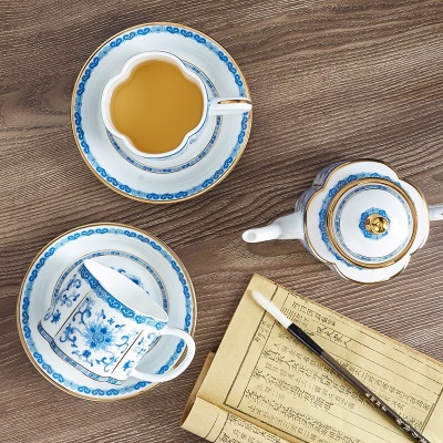 高淳陶瓷盛世如意茶杯咖啡杯青花家用 客厅中国风中式复古小型茶壶高档一壶两杯两碟专柜同款s479