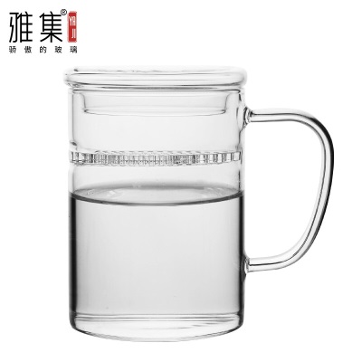 雅集男士玻璃杯 加厚耐热家用泡茶杯 带把有盖过滤水杯子s477