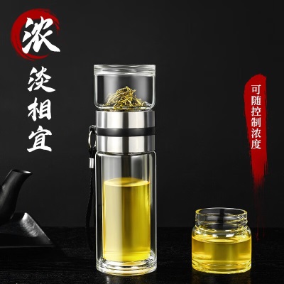 天喜（TIANXI）水杯玻璃杯茶杯茶水分离杯男士家用双层玻璃泡茶杯商务办公喝水杯车载杯一杯三用 380ml【带茶隔+茶水分离+双层防烫】钢本色s471