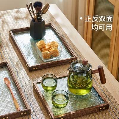 天喜（TIANXI）茶盘果盘玻璃托盘家用日式轻奢实木制茶托复古海棠花中秋节礼品s471