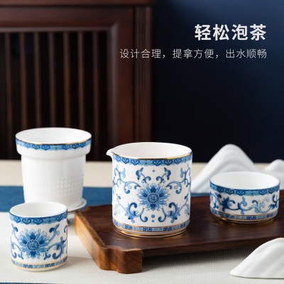 Gao Chun Ceramics高淳陶瓷中式青花珐琅彩茶具便携式骨瓷快客杯商务旅行小茶具礼盒 青花快客杯礼盒装s479