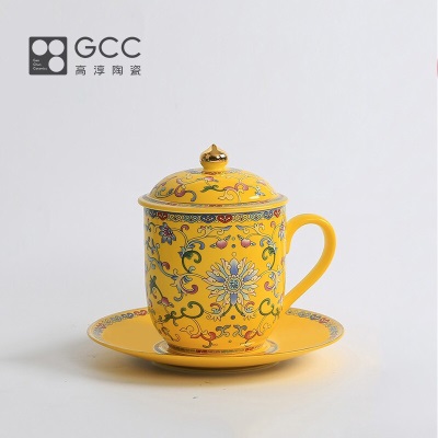 Gao Chun Ceramics高淳陶瓷茶具家用单个茶杯骨瓷国瓷手工描金主人杯带杯盖珐琅茶杯s479