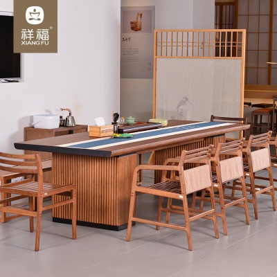 祥福工艺无极大板茶桌椅组合功夫茶台办公室新中式重竹泡茶桌套装一体s483