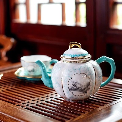 Gao Chun Ceramics高淳陶瓷茶壶泡茶描金茶具套装家用客厅轻奢中式办公室茶杯