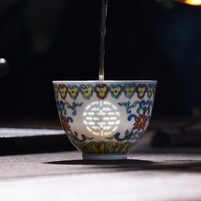 景德镇富玉陶瓷手绘斗彩玲珑主人杯茶杯喝茶品茗杯单个高端礼盒装s481