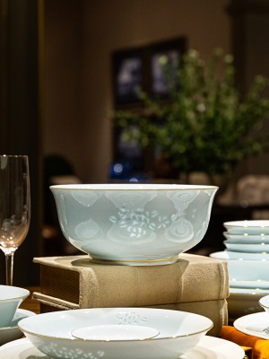 富玉景德镇玲珑瓷餐具套装家用中国风新中式高档碗碟套装结婚送礼s481