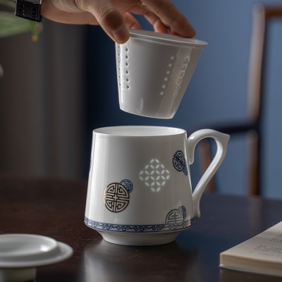 富玉办公室陶瓷泡茶玲珑瓷茶水分离茶杯高档个人专用待客杯景德镇s481