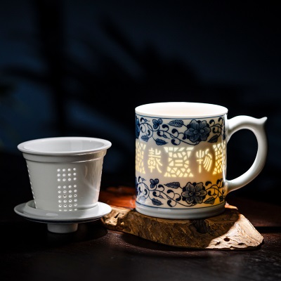 富玉景德镇玲珑瓷茶杯家用办公茶杯礼盒陶瓷杯子喝茶杯泡茶水分离s481