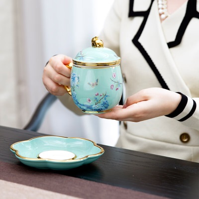 高淳陶瓷骨瓷茶杯茶具水杯客厅家用下午茶手工描金春华滤茶盖杯礼品盒装送礼