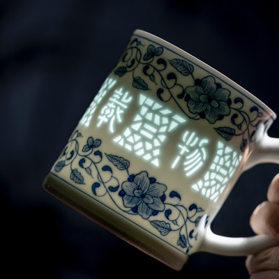 富玉景德镇玲珑瓷茶杯家用办公茶杯礼盒陶瓷杯子喝茶杯泡茶水分离s481